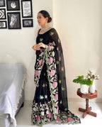 Vamika Embroidery Black Georgette Bollywood Saree | Grocsy