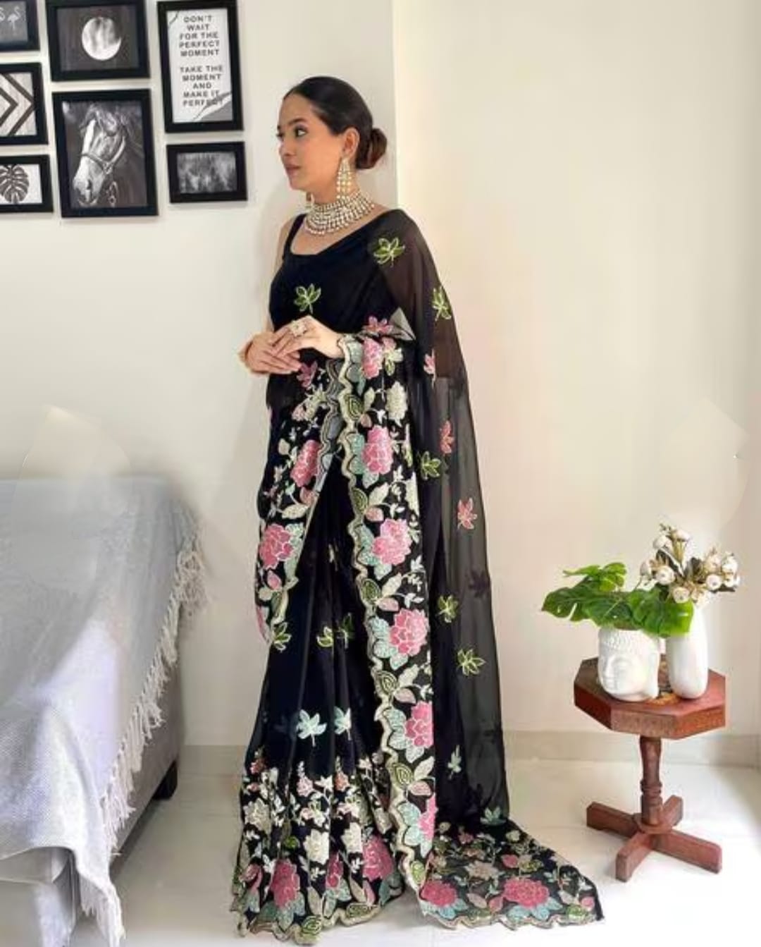 Vamika Embroidery Black Georgette Bollywood Saree | Grocsy