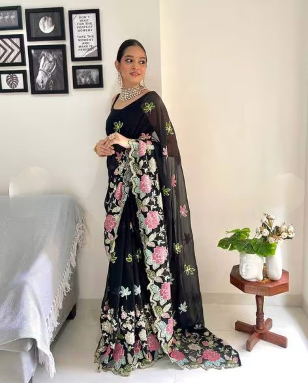 Vamika Embroidery Black Georgette Bollywood Saree | Grocsy