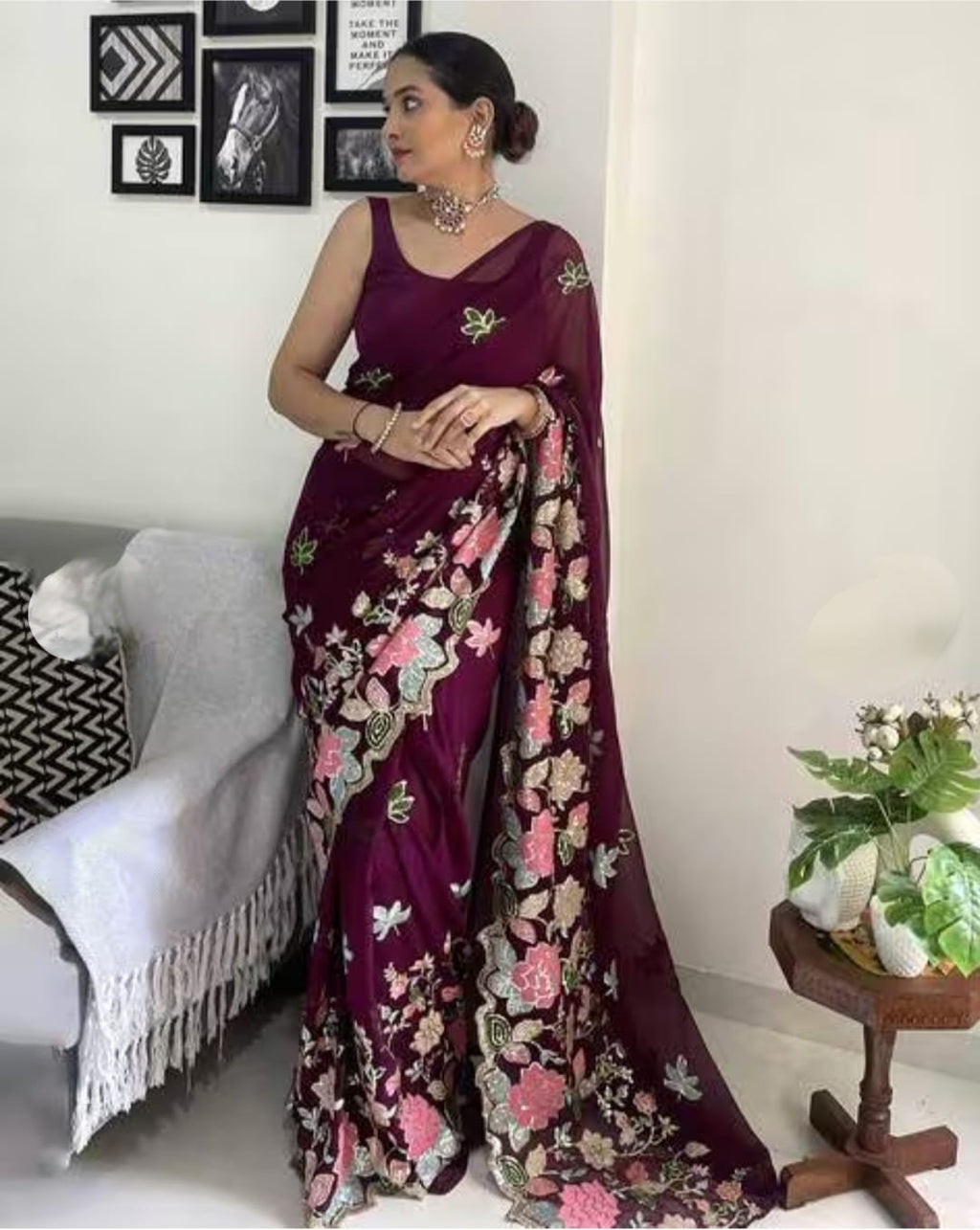 Vamika Embroidery Purple Georgette Bollywood Saree | Grocsy
