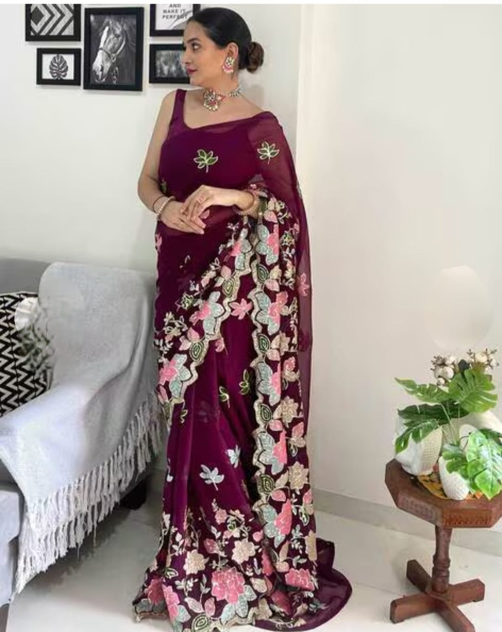 Vamika Embroidery Purple Georgette Bollywood Saree | Grocsy