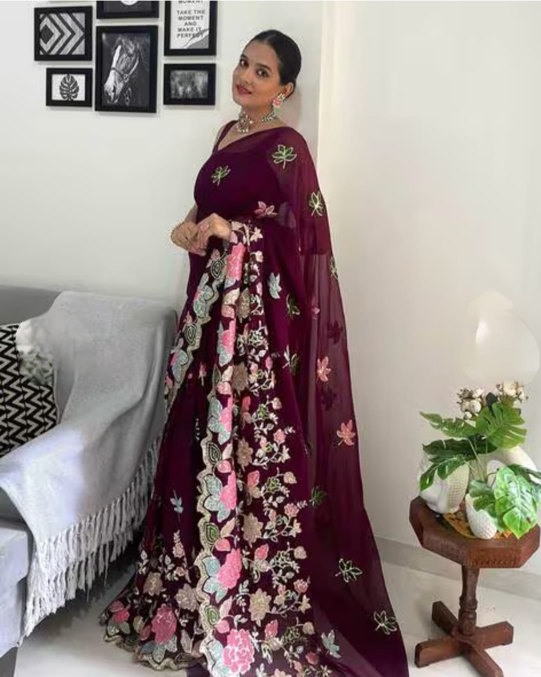 Vamika Embroidery Purple Georgette Bollywood Saree | Grocsy