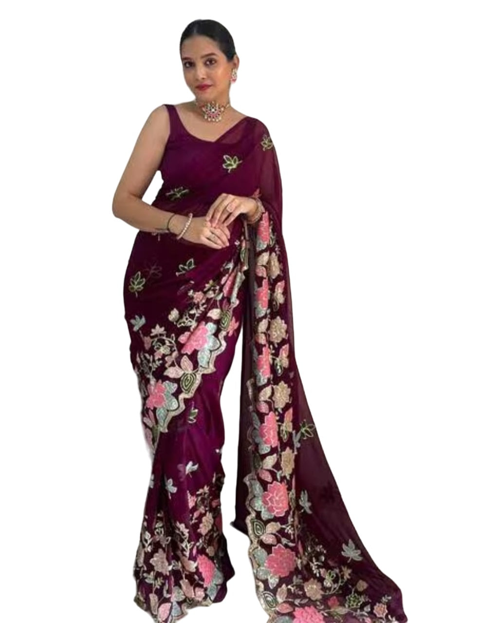 Vamika Embroidery Purple Georgette Bollywood Saree | Grocsy