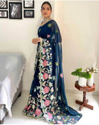 Vamika Embroidery Rama Green Georgette Bollywood Saree | Grocsy