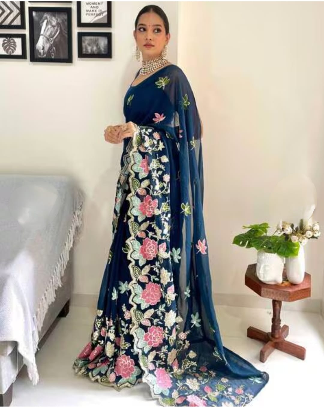 Vamika Embroidery Rama Green Georgette Bollywood Saree | Grocsy