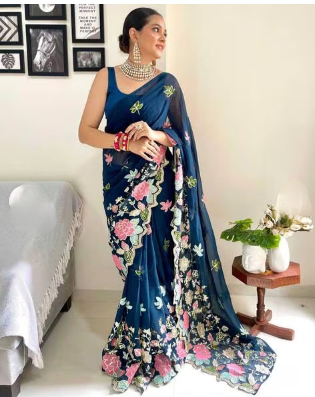 Vamika Embroidery Rama Green Georgette Bollywood Saree | Grocsy