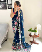 Vamika Embroidery Rama Green Georgette Bollywood Saree | Grocsy