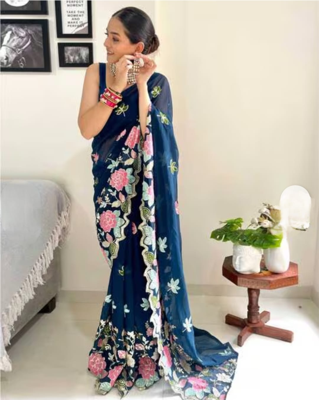Vamika Embroidery Rama Green Georgette Bollywood Saree | Grocsy