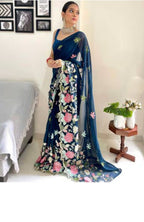 Vamika Embroidery Rama Green Georgette Bollywood Saree | Grocsy