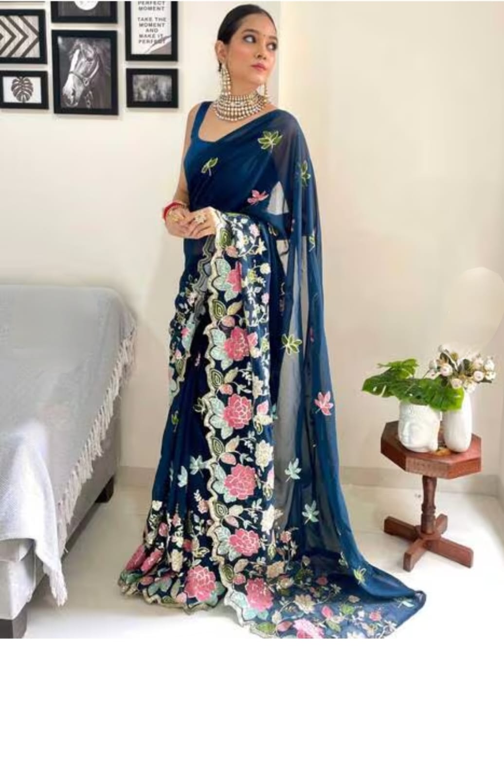 Vamika Embroidery Rama Green Georgette Bollywood Saree | Grocsy