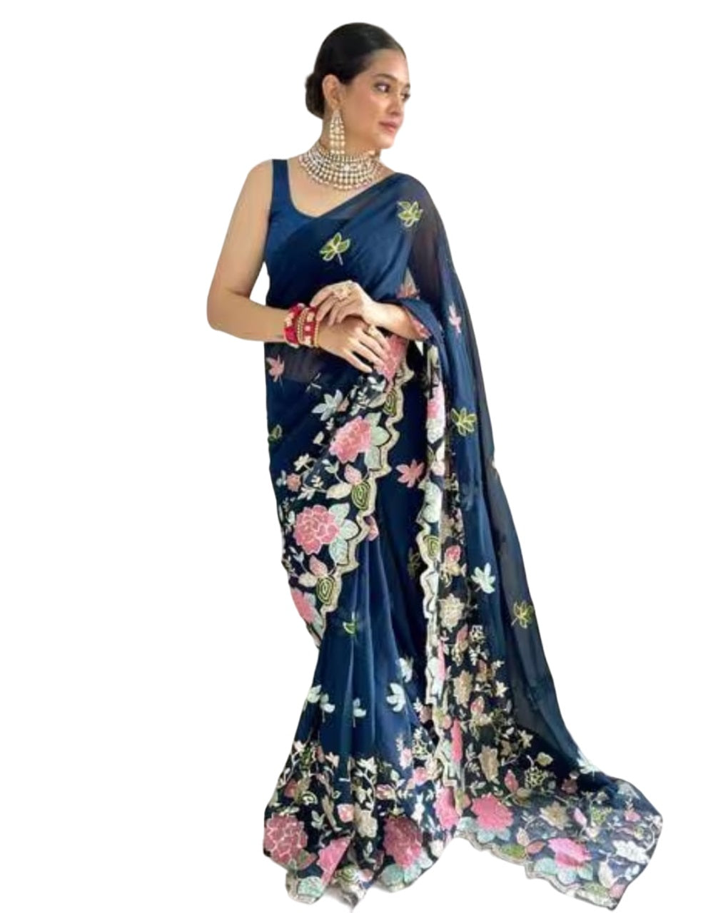 Vamika Embroidery Rama Green Georgette Bollywood Saree | Grocsy