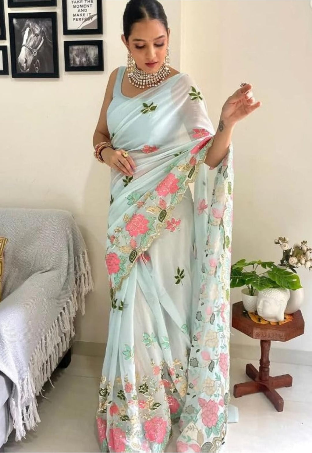 Vamika Embroidery Sky Blue Georgette Bollywood Saree | Grocsy