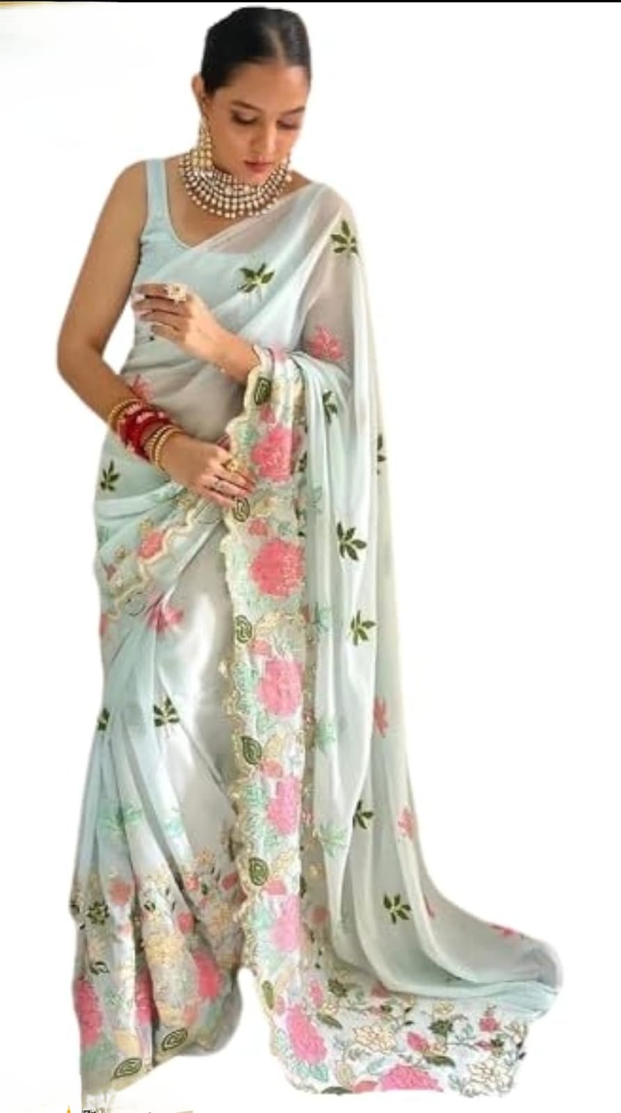 Vamika Embroidery Sky Blue Georgette Bollywood Saree | Grocsy