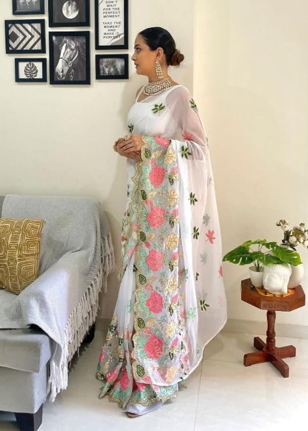 Vamika Embroidery White Georgette Bollywood Saree | Grocsy