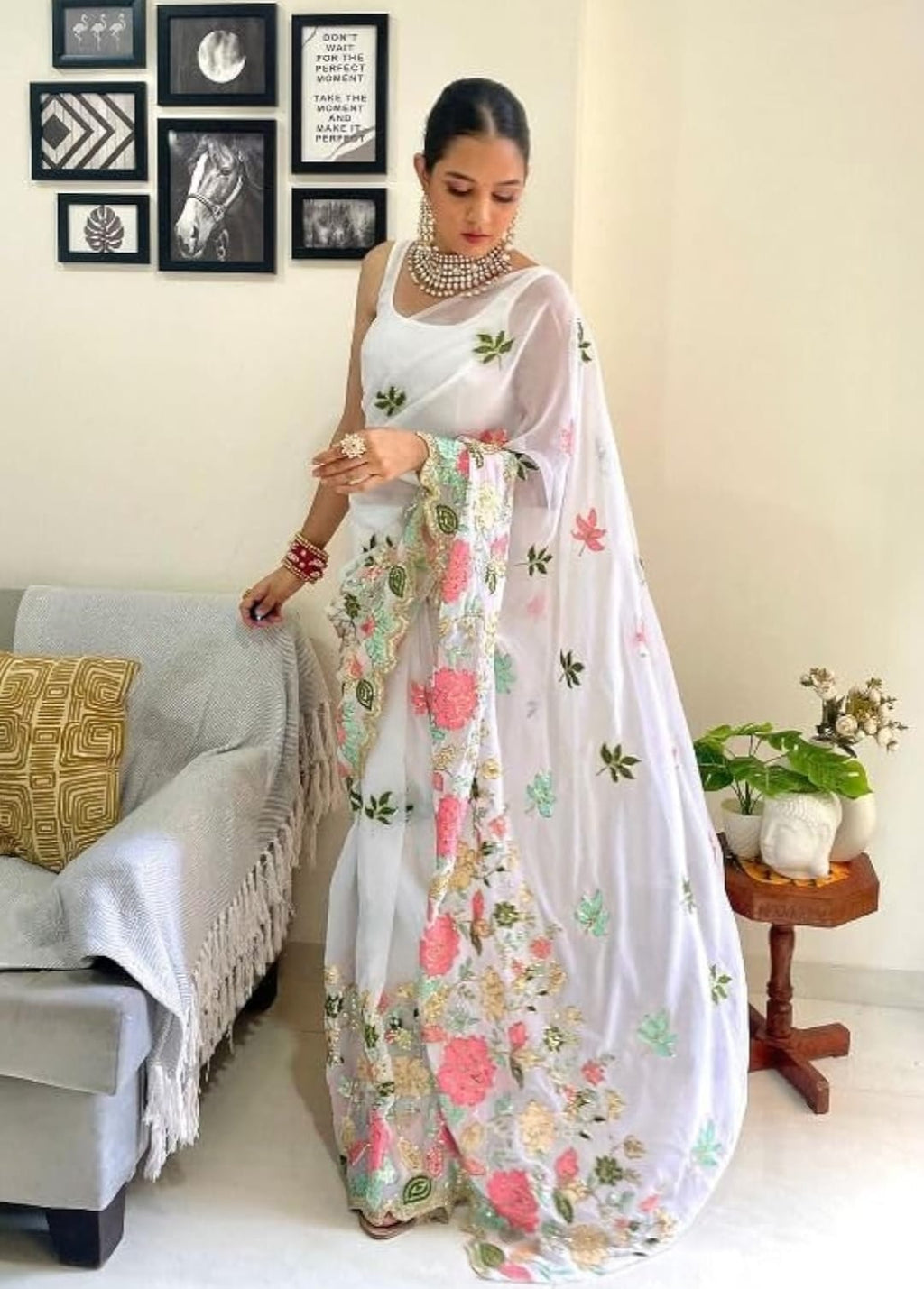 Vamika Embroidery White Georgette Bollywood Saree | Grocsy