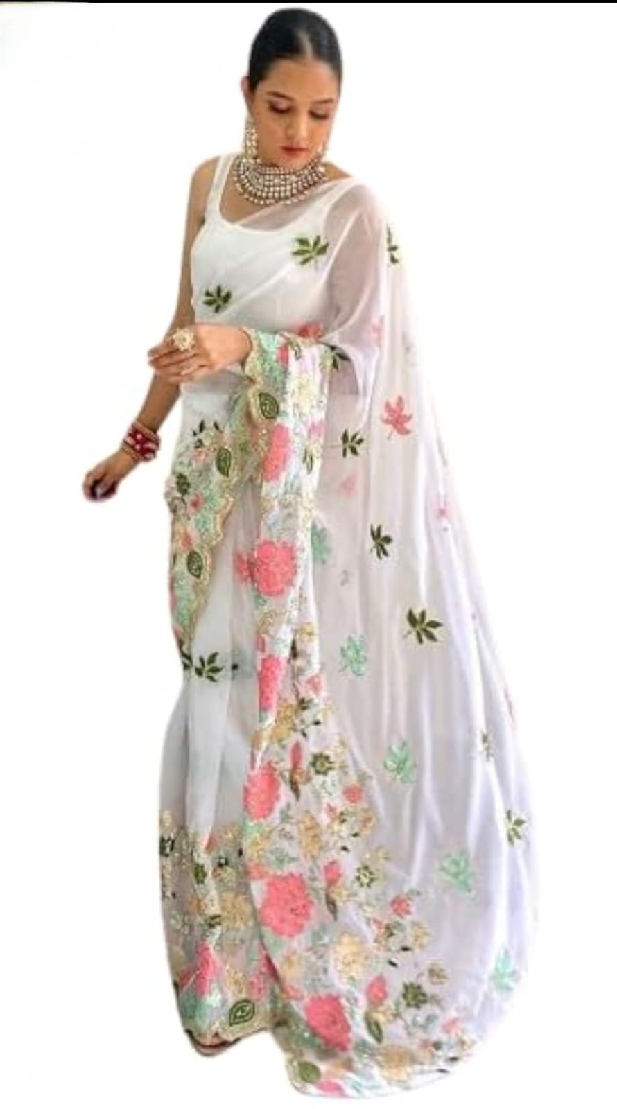 Vamika Embroidery White Georgette Bollywood Saree | Grocsy