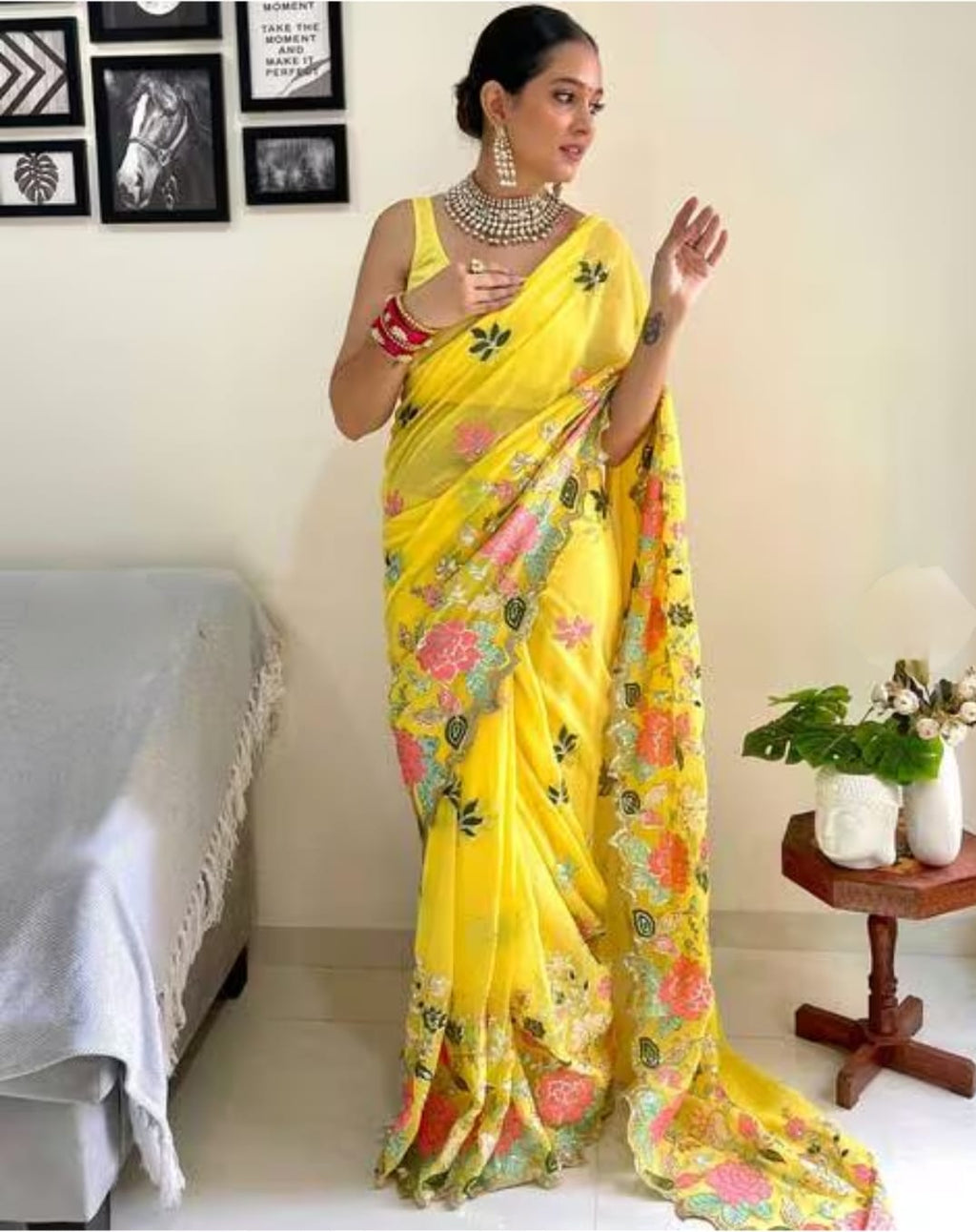Vamika Embroidery Yellow Georgette Bollywood Saree | Grocsy