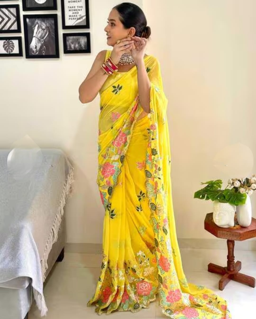 Vamika Embroidery Yellow Georgette Bollywood Saree | Grocsy
