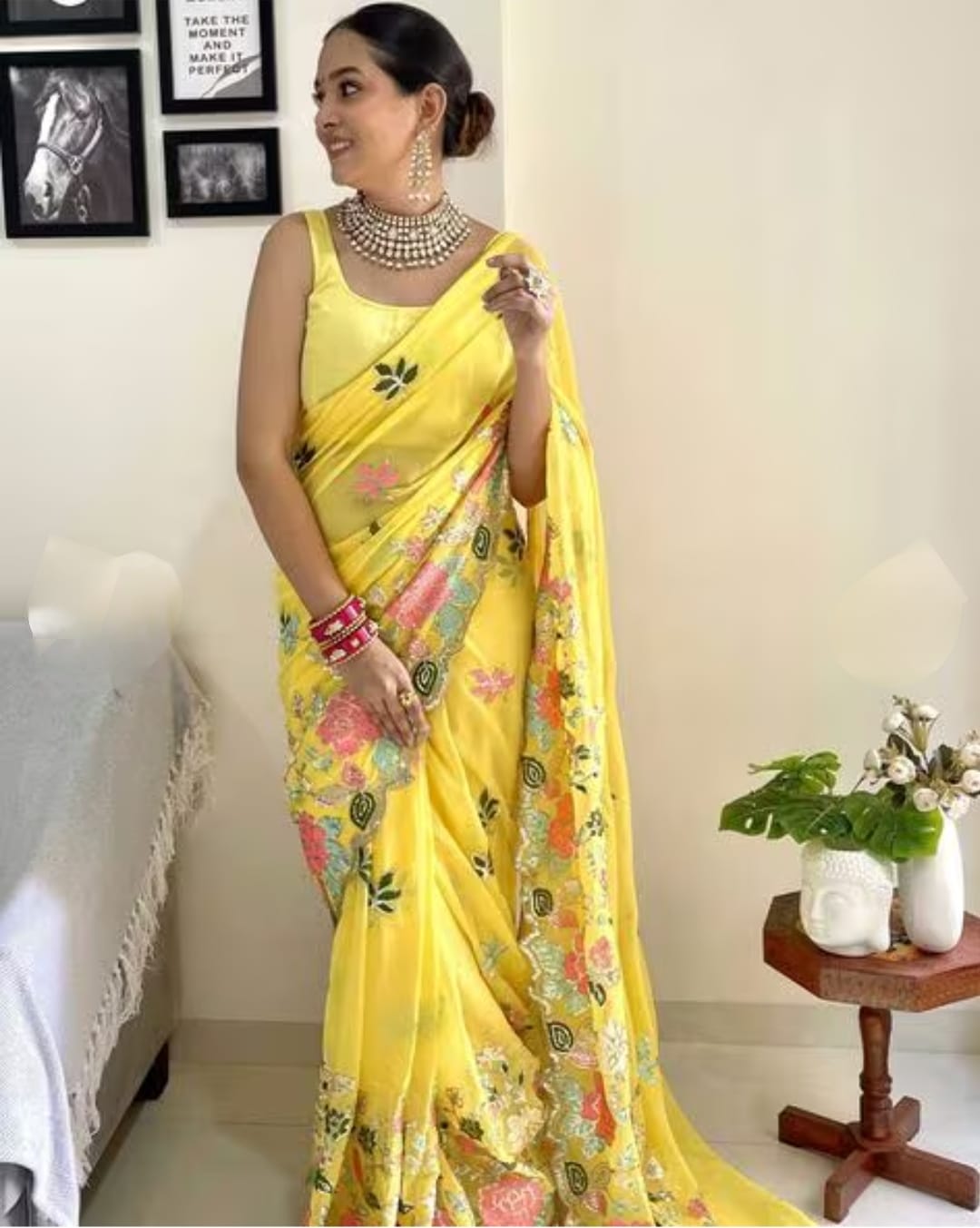 Vamika Embroidery Yellow Georgette Bollywood Saree | Grocsy