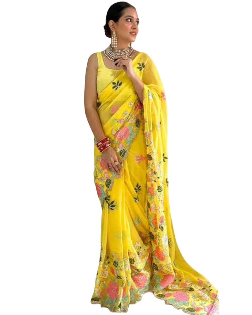 Vamika Embroidery Yellow Georgette Bollywood Saree | Grocsy