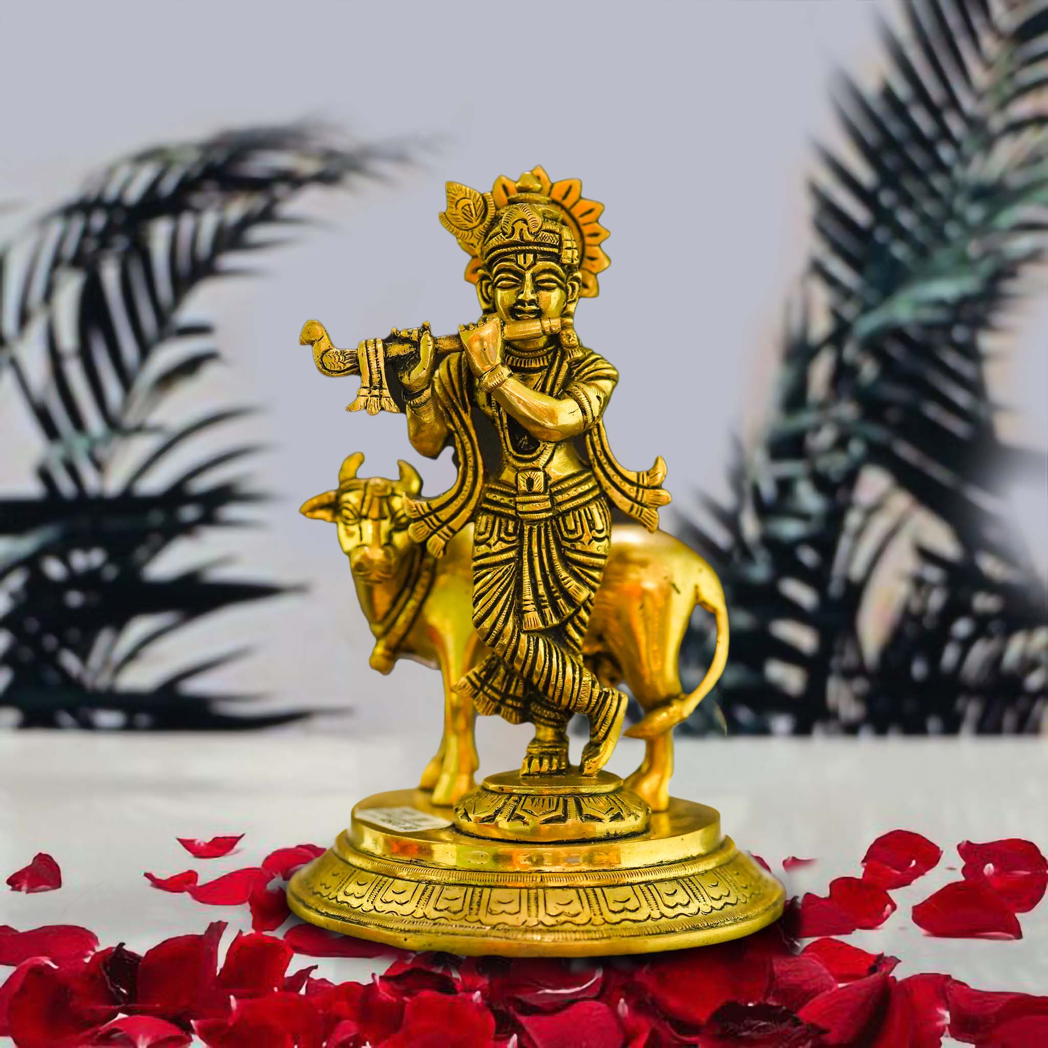 Gopala Krishna with Cow Brass Idol - Embrace Divine Abundance | Grocsy