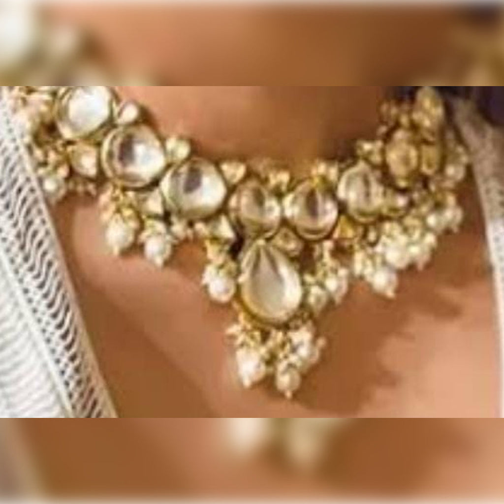 Jewel City Classic Gold-Plated Polki Choker Necklace with Pearl Clusters - Elegant Traditional Wedding Jewelry" | Grocsy