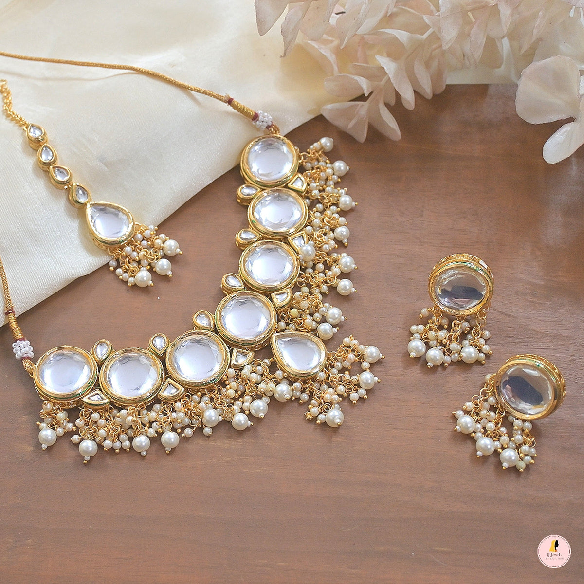 Jewel City Classic Gold-Plated Polki Choker Necklace with Pearl Clusters - Elegant Traditional Wedding Jewelry" | Grocsy