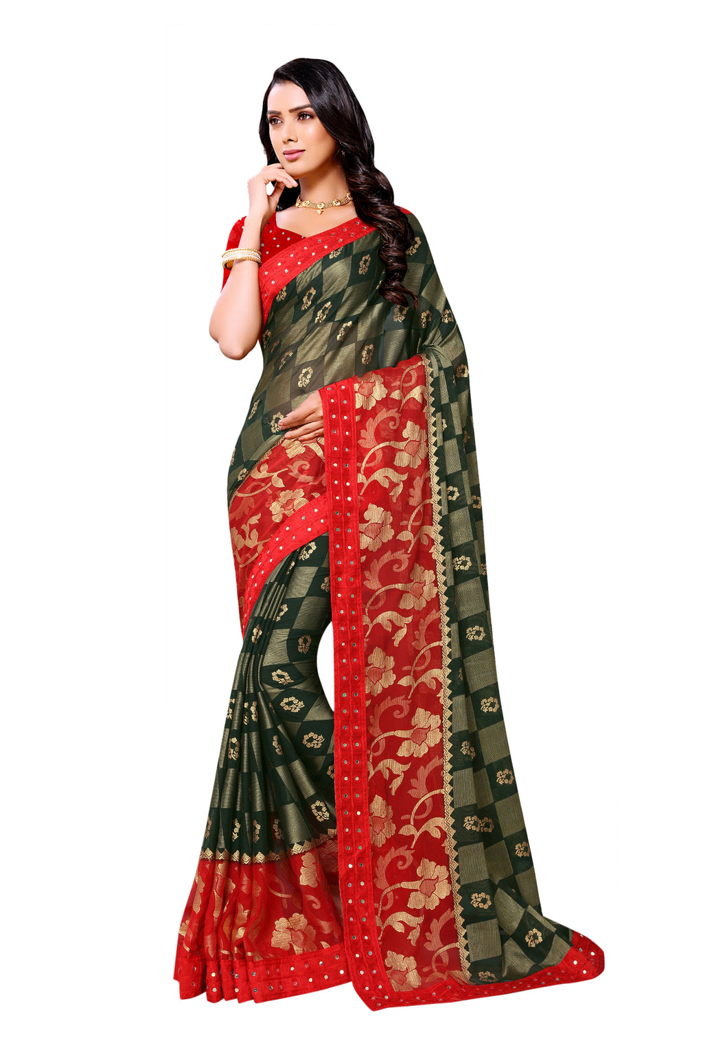 Vamika Green & Red Designer Chiffon Brasso Saree With Mirror Work Lace | Grocsy