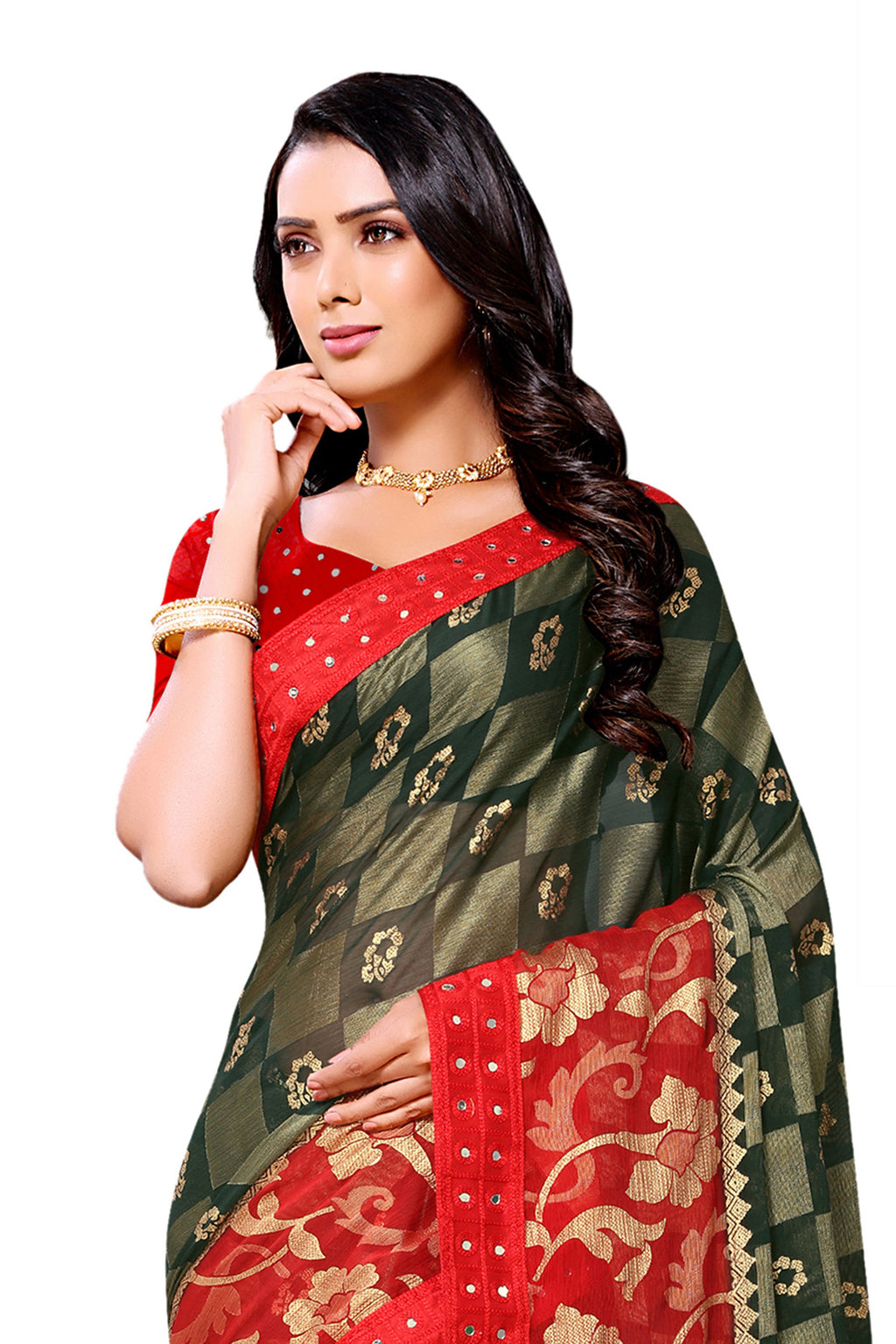 Vamika Green & Red Designer Chiffon Brasso Saree With Mirror Work Lace | Grocsy