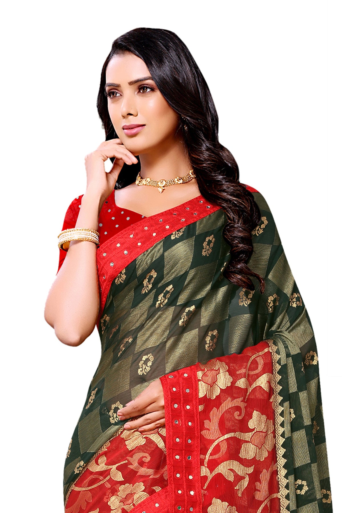 Vamika Green & Red Designer Chiffon Brasso Saree With Mirror Work Lace | Grocsy