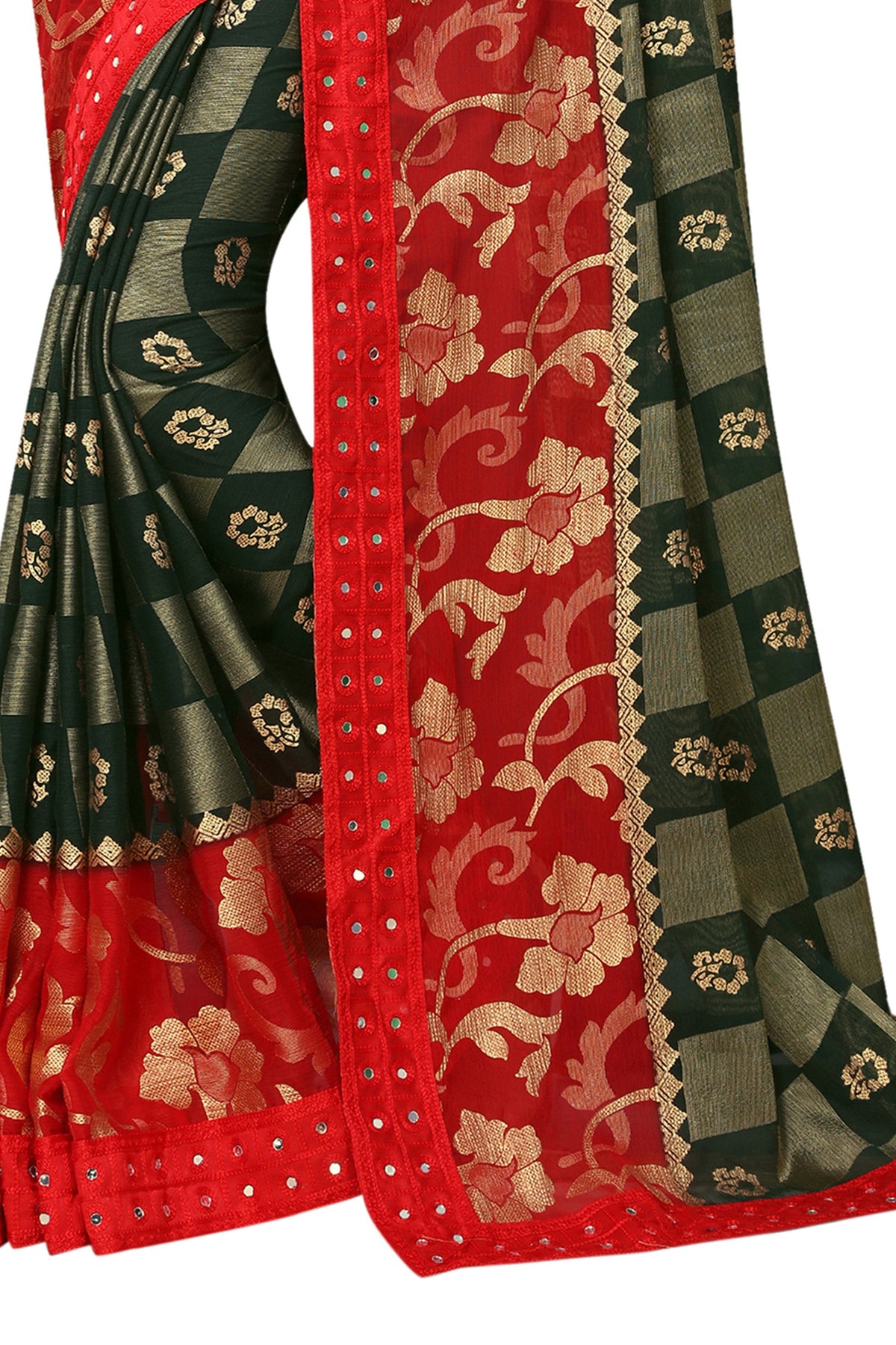 Vamika Green & Red Designer Chiffon Brasso Saree With Mirror Work Lace | Grocsy