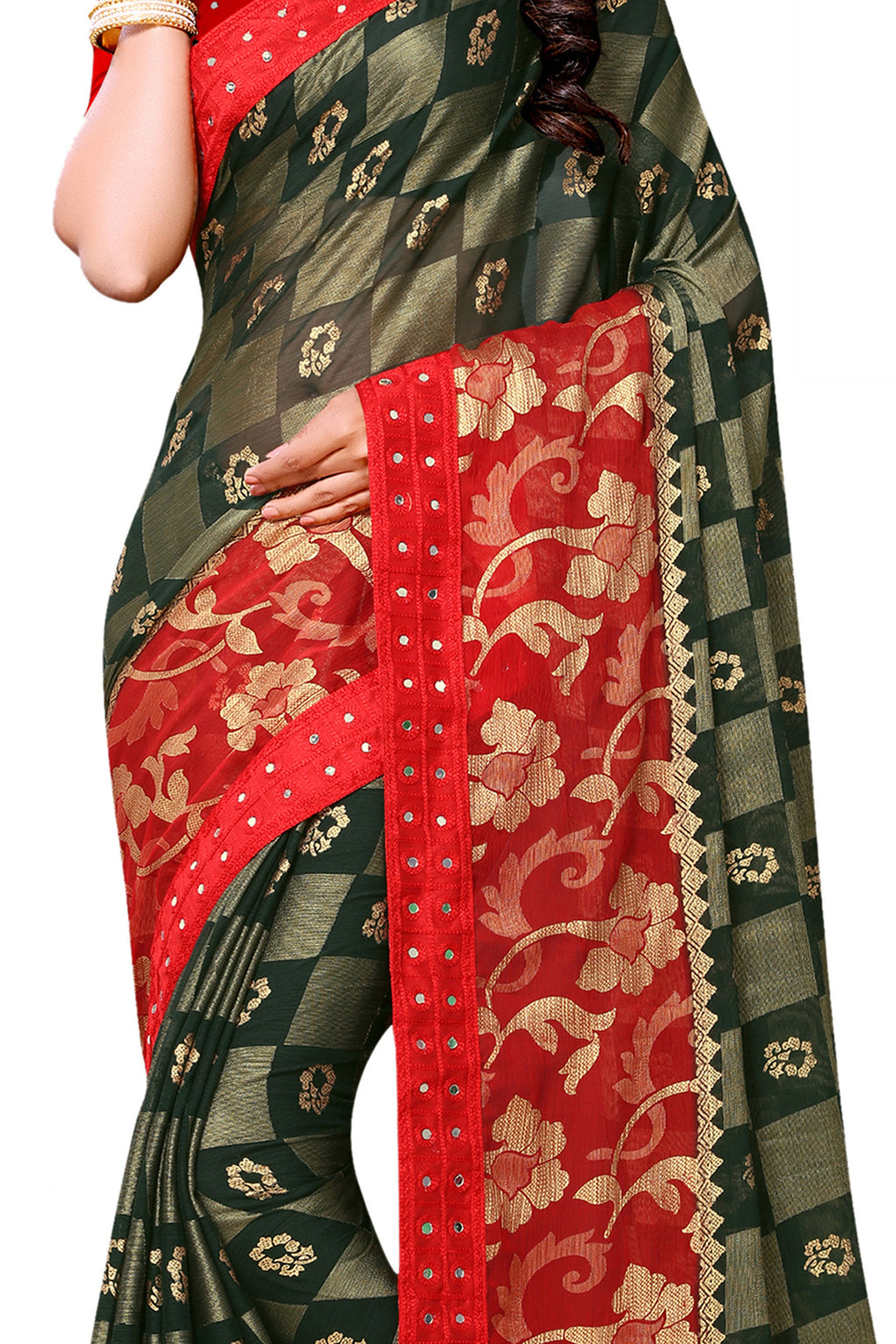 Vamika Green & Red Designer Chiffon Brasso Saree With Mirror Work Lace | Grocsy