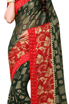 Vamika Green & Red Designer Chiffon Brasso Saree With Mirror Work Lace | Grocsy