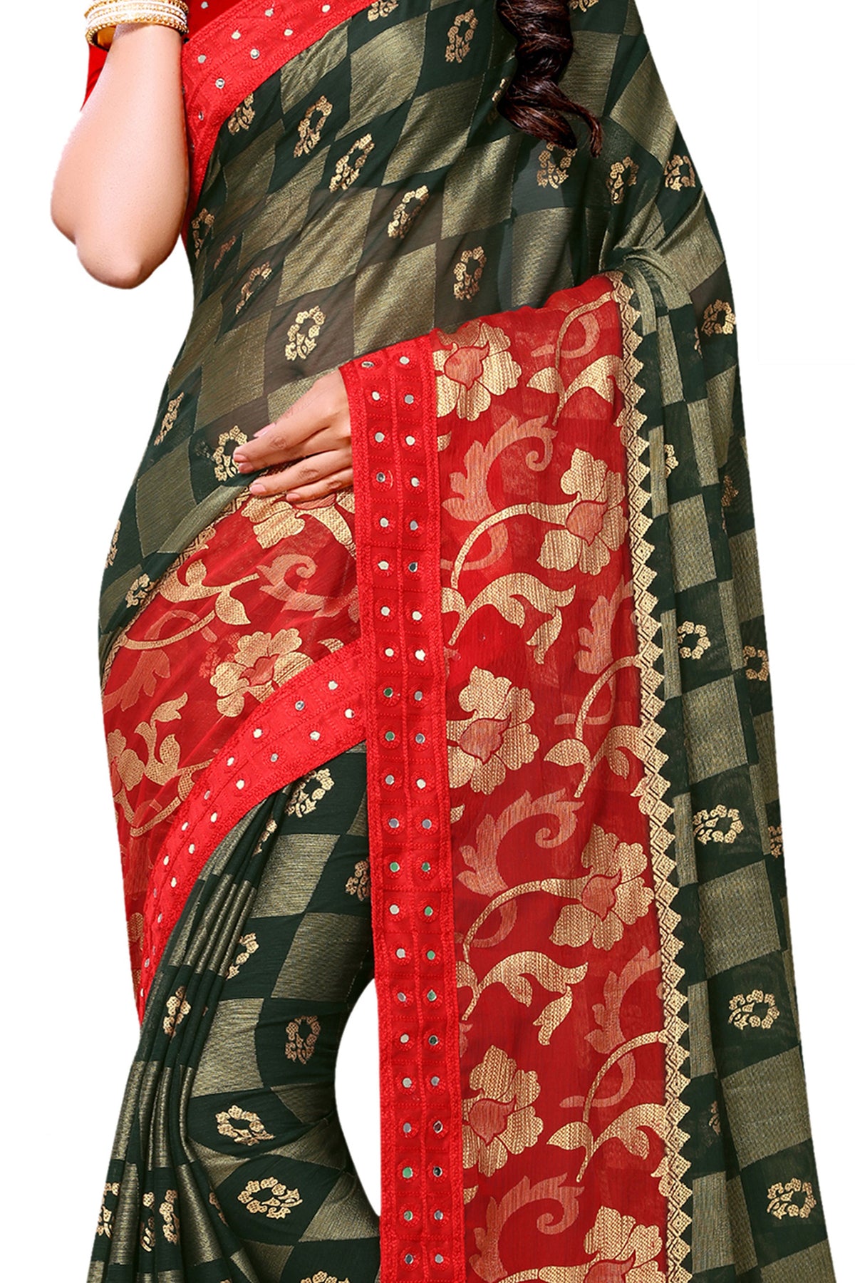 Vamika Green & Red Designer Chiffon Brasso Saree With Mirror Work Lace | Grocsy