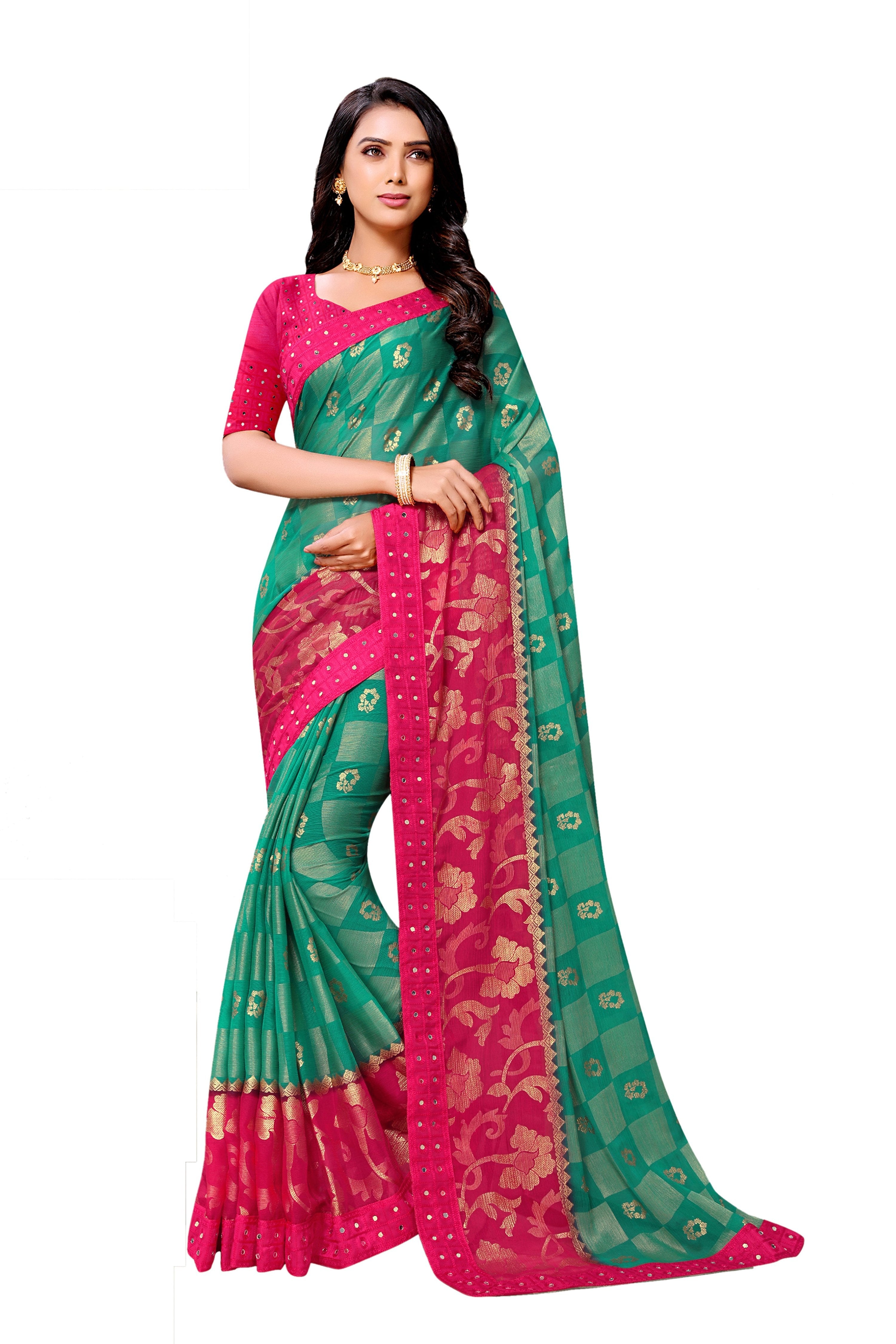 Vamika Rama & Pink Designer Chiffon Brasso Saree With Mirror Work Lace | Grocsy
