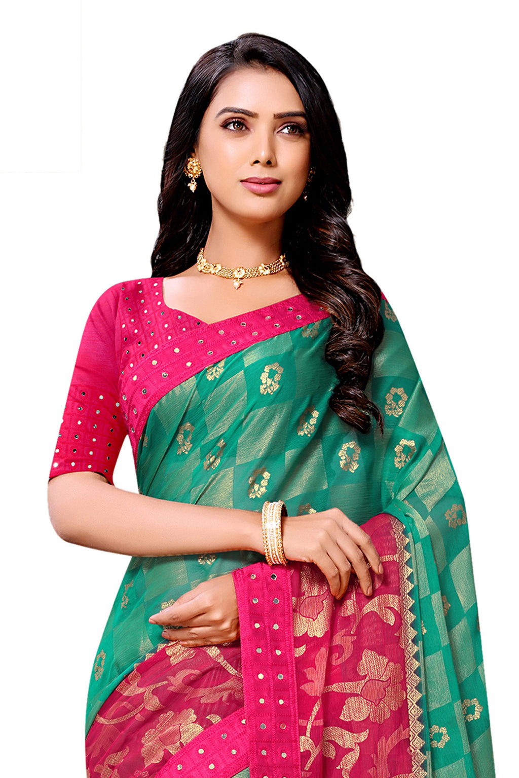 Vamika Rama & Pink Designer Chiffon Brasso Saree With Mirror Work Lace | Grocsy