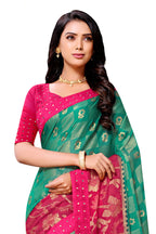 Vamika Rama & Pink Designer Chiffon Brasso Saree With Mirror Work Lace | Grocsy