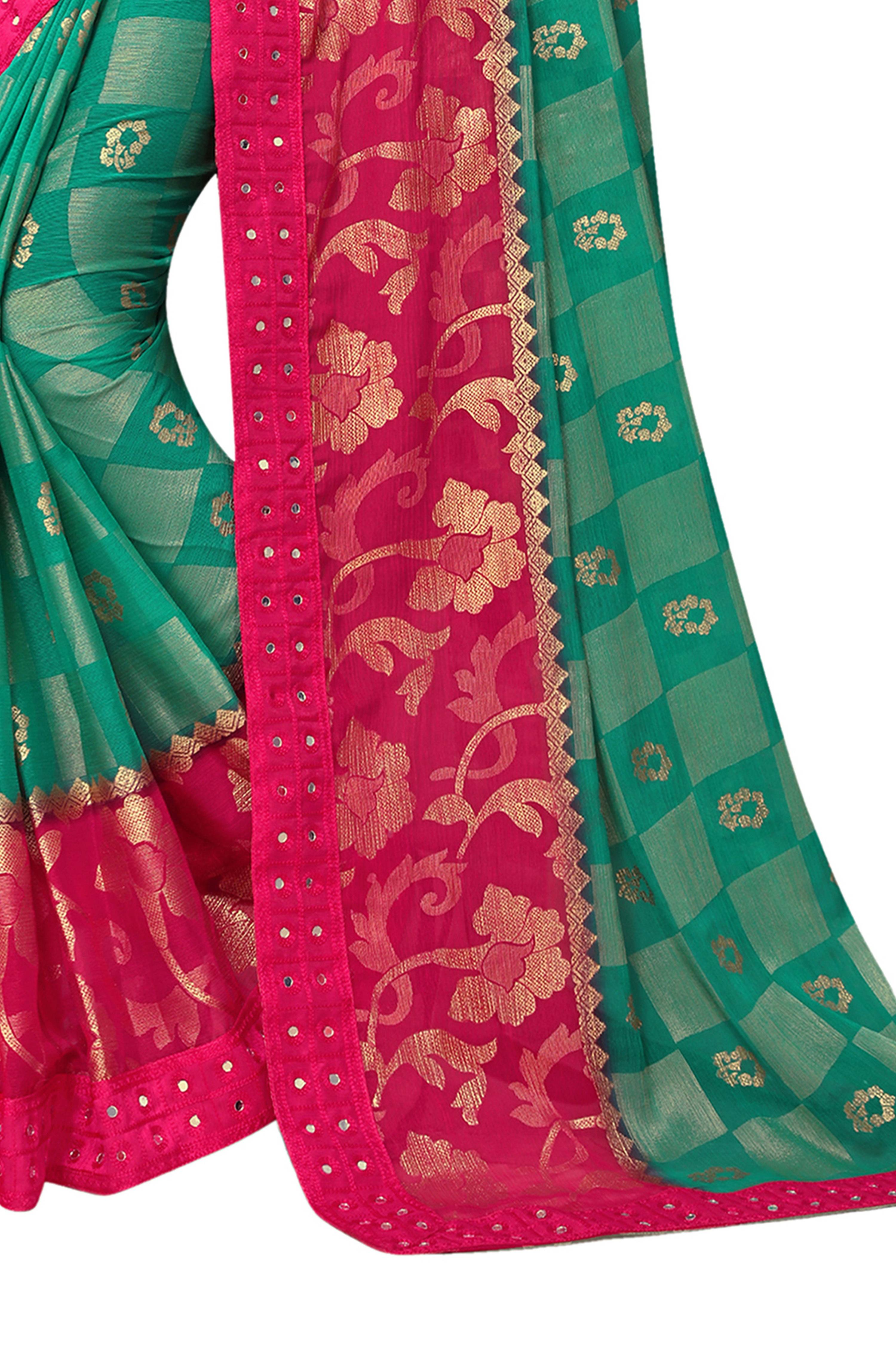 Vamika Rama & Pink Designer Chiffon Brasso Saree With Mirror Work Lace | Grocsy