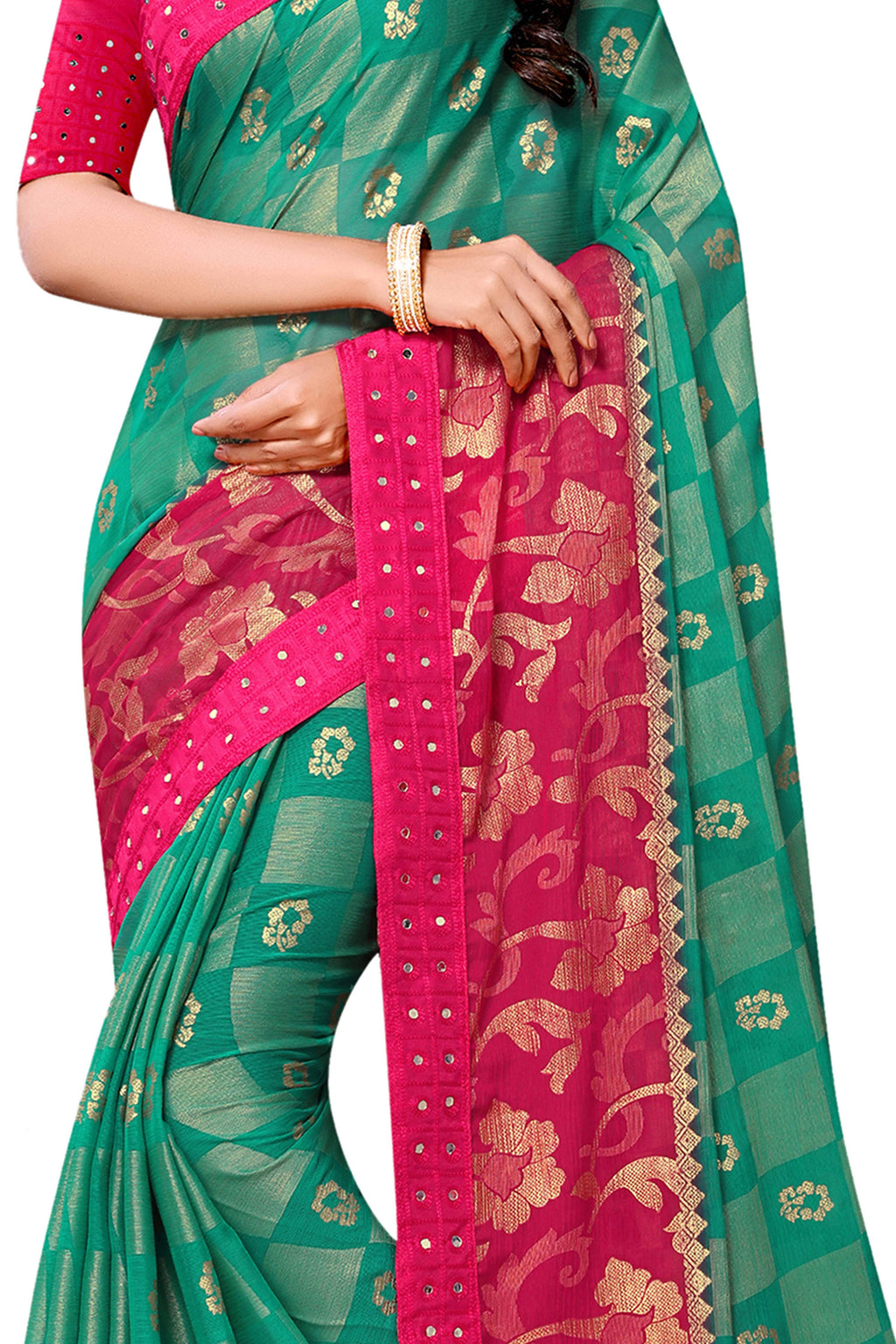 Vamika Rama & Pink Designer Chiffon Brasso Saree With Mirror Work Lace | Grocsy