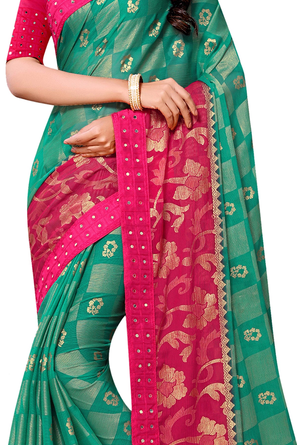 Vamika Rama & Pink Designer Chiffon Brasso Saree With Mirror Work Lace | Grocsy