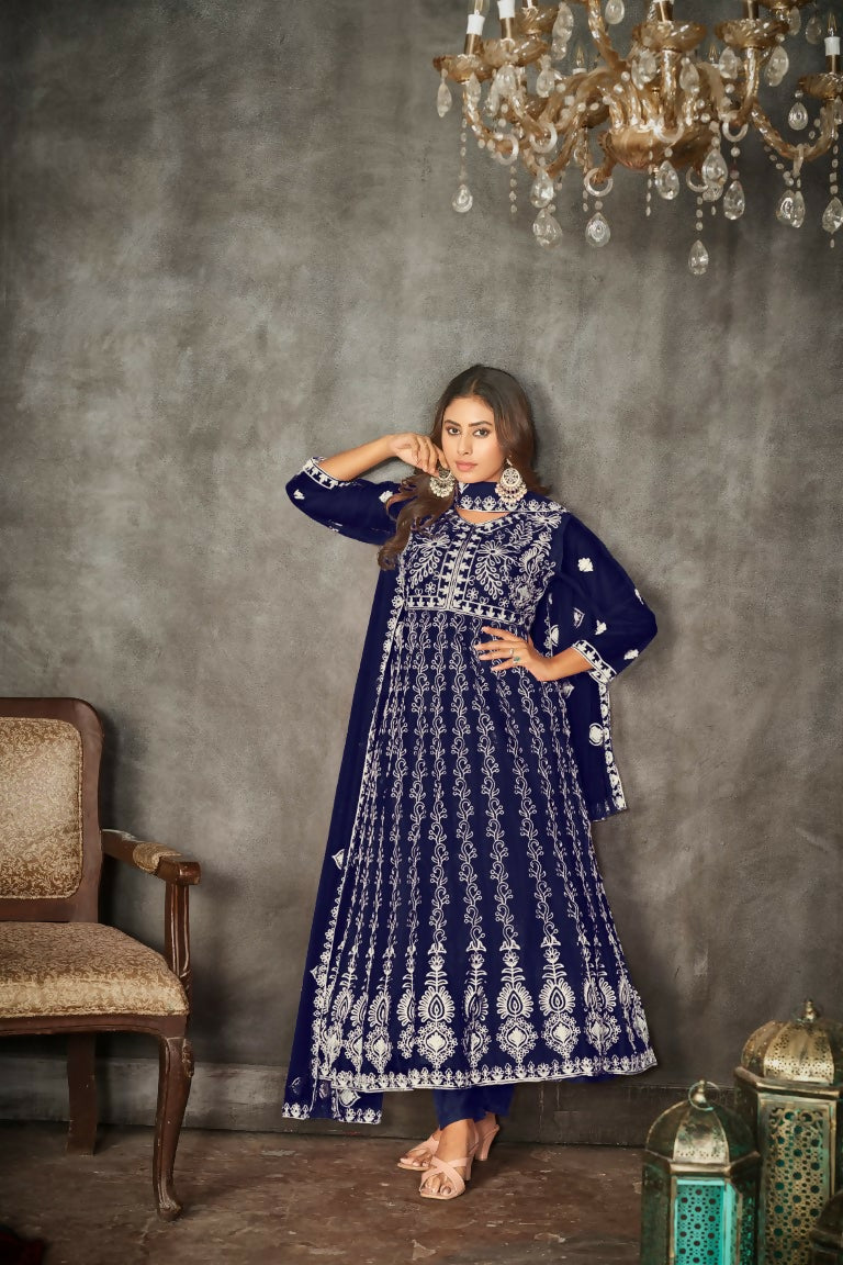 Jyoti Fashion Women's Blue Net Embroidered Anarkali Kurta Pant Set With Dupatta | Grocsy