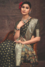 Joban Fashion Grey Dola Tussar Silk Self Jacquard Border Saree | Grocsy