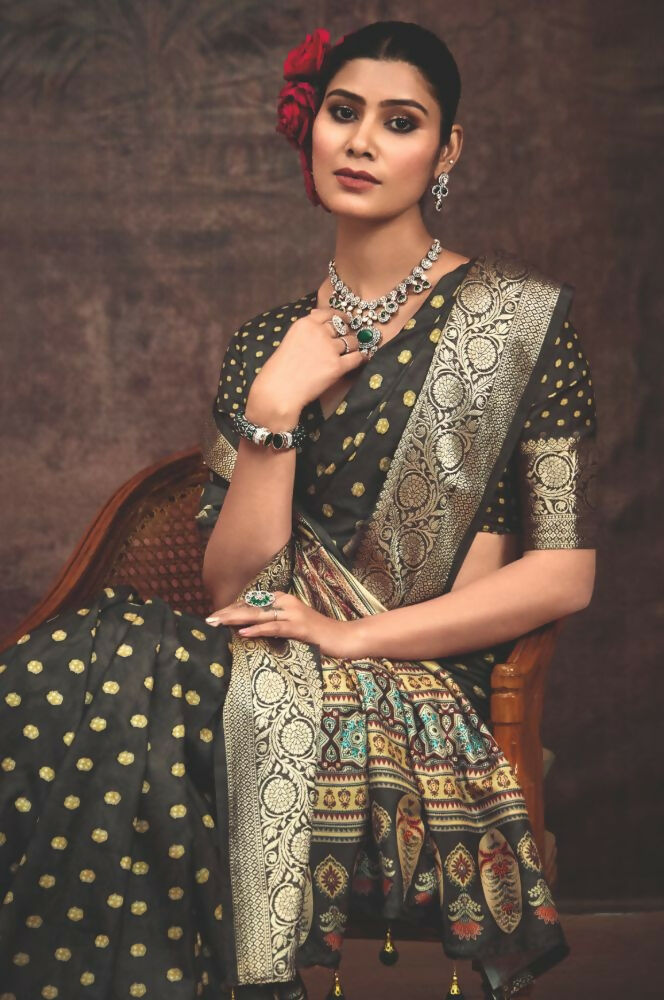 Joban Fashion Grey Dola Tussar Silk Self Jacquard Border Saree | Grocsy