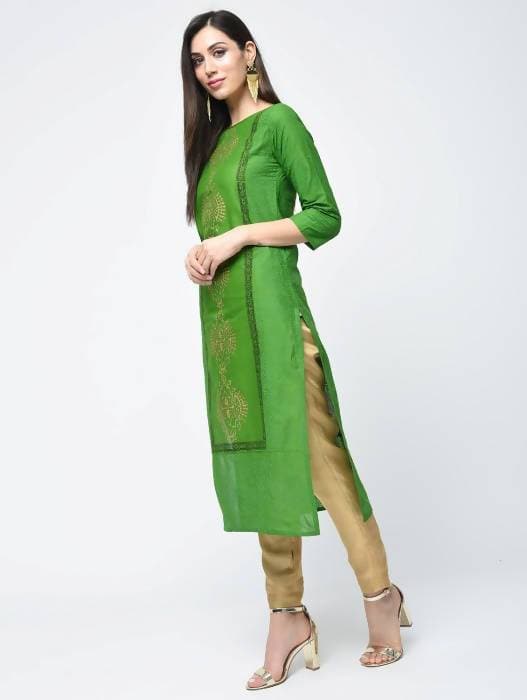 Aniyah Cotton Block Printed Green Color Straight Kurta (AN-129K) | Grocsy