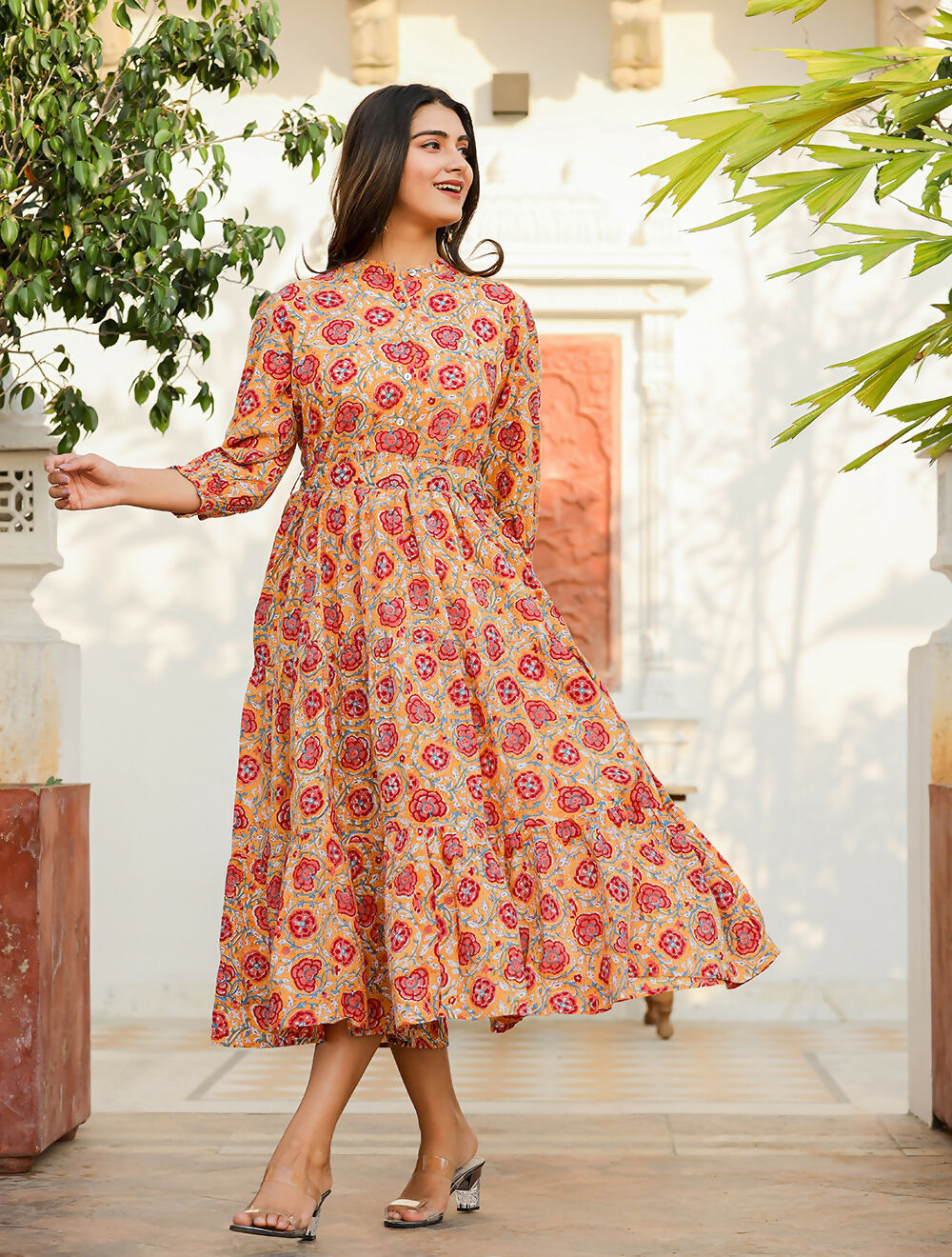 Kaajh Women's Yellow-Red Floral Hand Block Print Cotton Dress | Grocsy