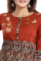 Snehal Creations Rust Rayon Printed Flared Long Tunic | Grocsy