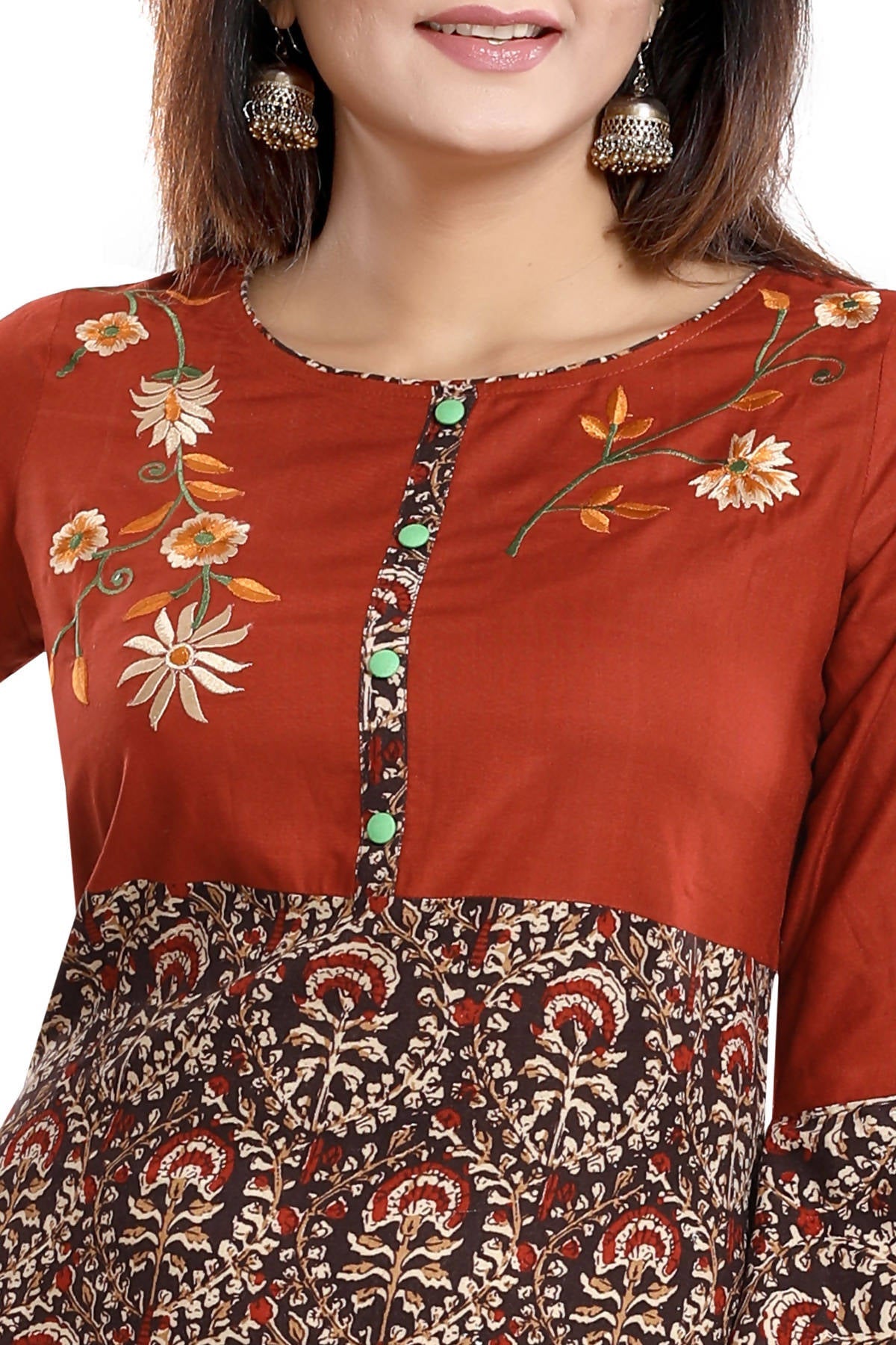 Snehal Creations Rust Rayon Printed Flared Long Tunic | Grocsy