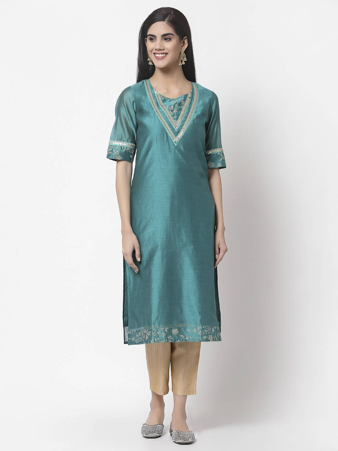 Myshka Women Teal Chanderi Solid Half Sleeve Round Neck Kurta | Grocsy