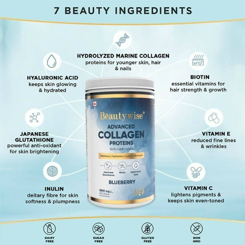 Beautywise Advanced Marine Collagen Anti-Aging Powder - Glutathione, HA & Biotin - Blueberry | Grocsy