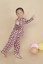 Breathables Kids Cotton Night Suit – Maroon Cat Print Shirt & Pyjama Co-Ord Set For Boys & Girls | Grocsy